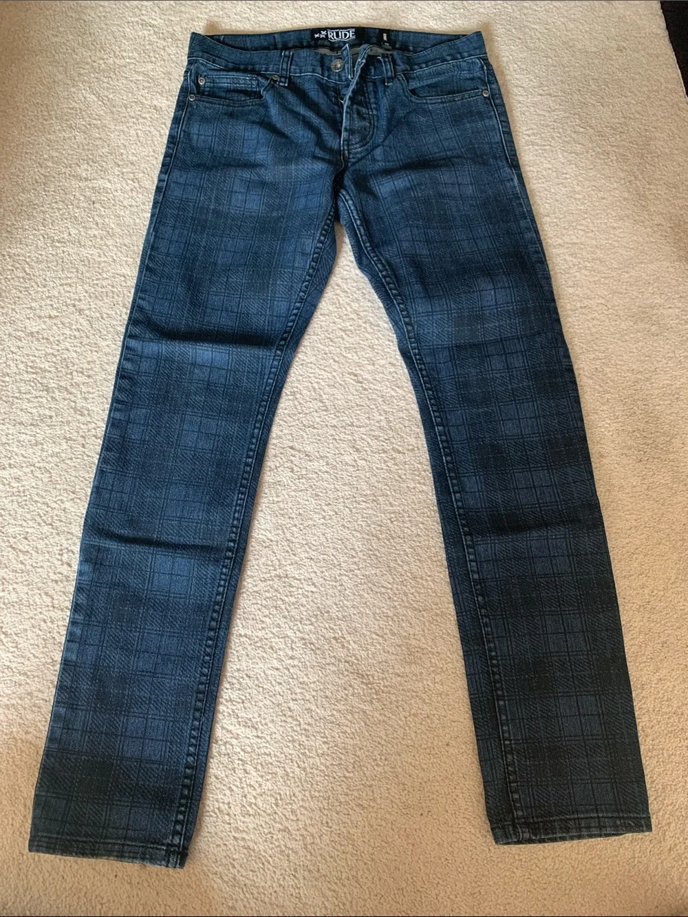 RUDE Men's Slim Straight Plaid Jeans - Dark Blue